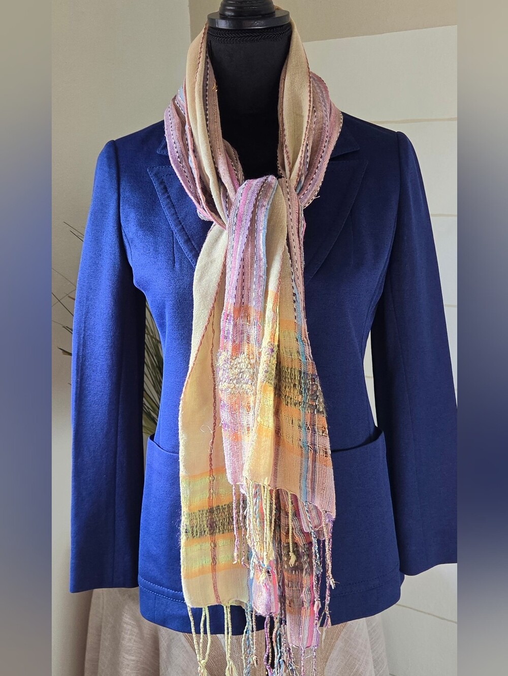 Mid Century Hand Woven Wool Lurex Metallic Scarf Vintage Archival Textile Art